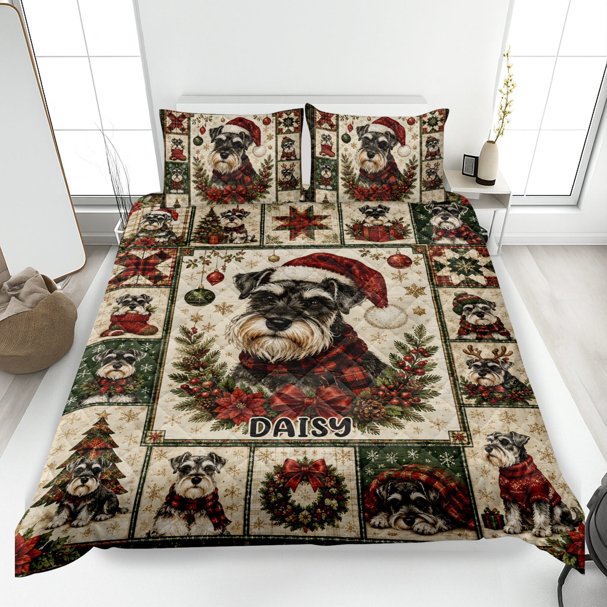 Christmas Miniature Schnauzer quilt blanket displayed on a bed with festive patchwork artwork