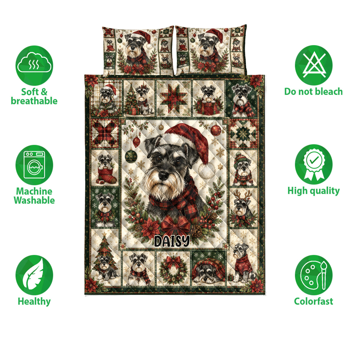 Miniature Schnauzer Christmas quilt bedding set shown with feature icons and festive artwork