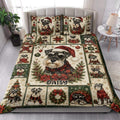 Festive Miniature Schnauzer quilt blanket styled on a bedroom bed with holiday artwork