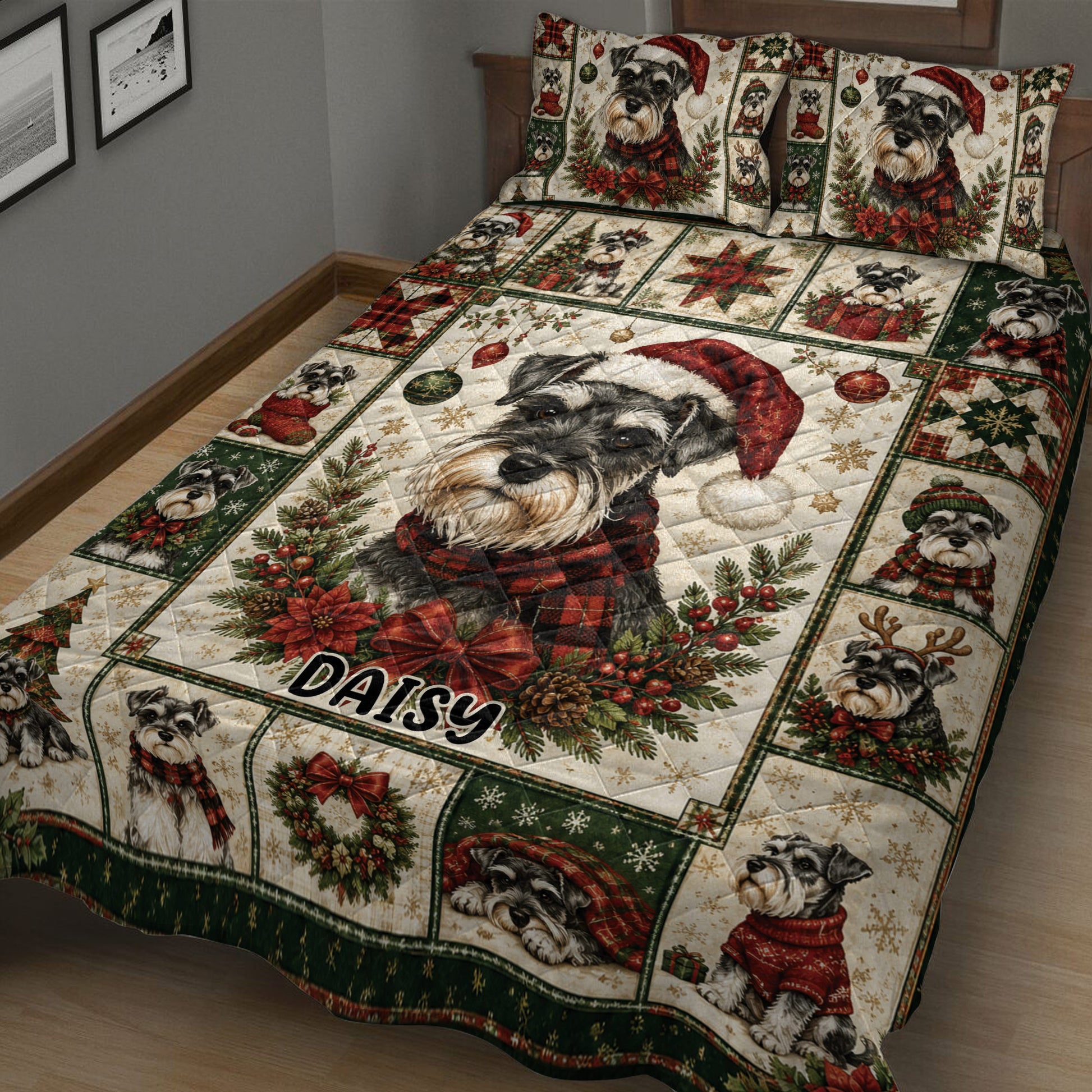 Christmas Miniature Schnauzer quilt bedding displayed in a cozy bedroom with patchwork scenes