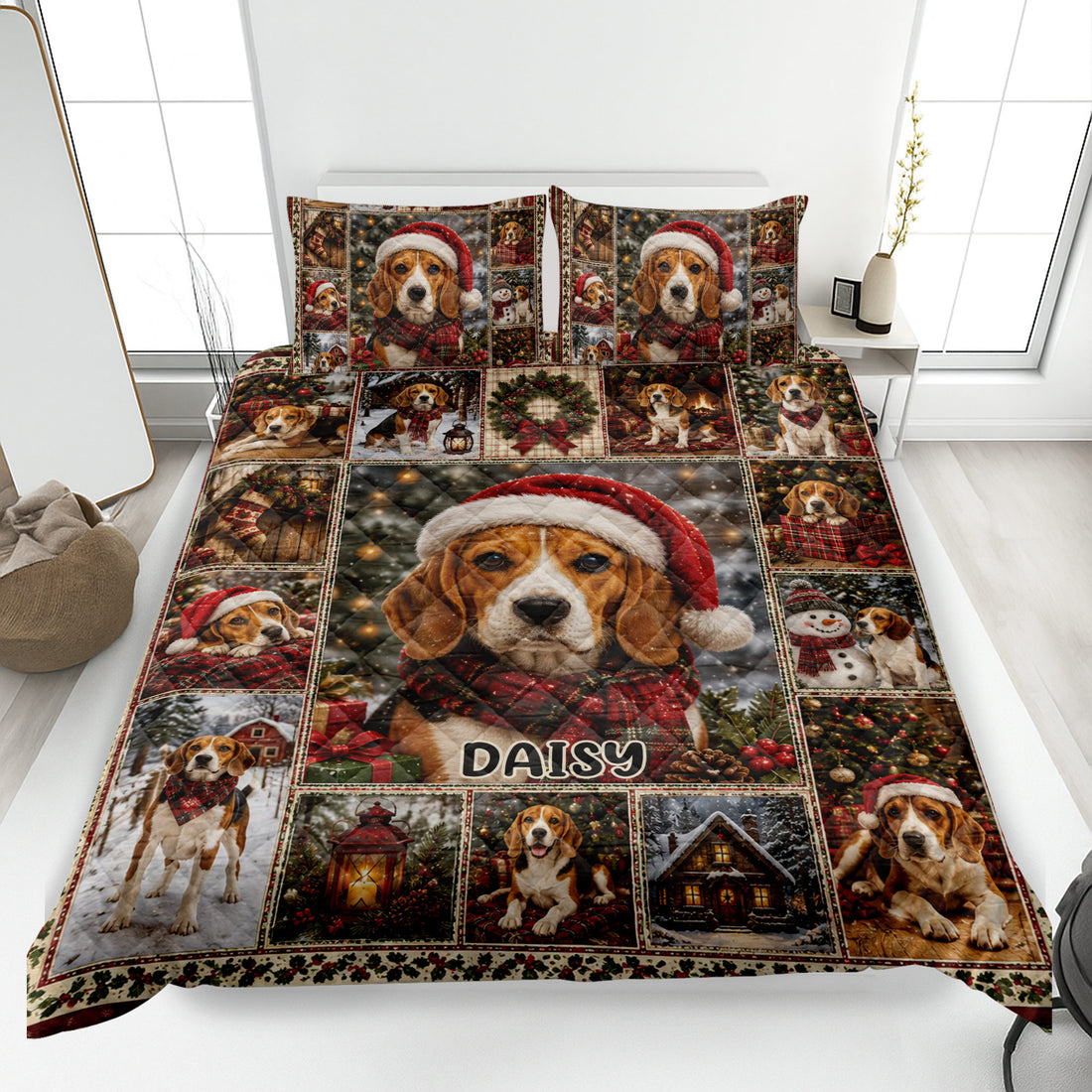 Beagle Christmas quilt bedding set displayed on a modern bed with festive winter scenes