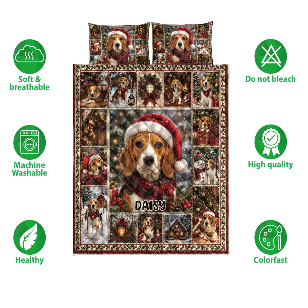 Beagle Christmas quilt blanket with matching pillowcase options and feature icons