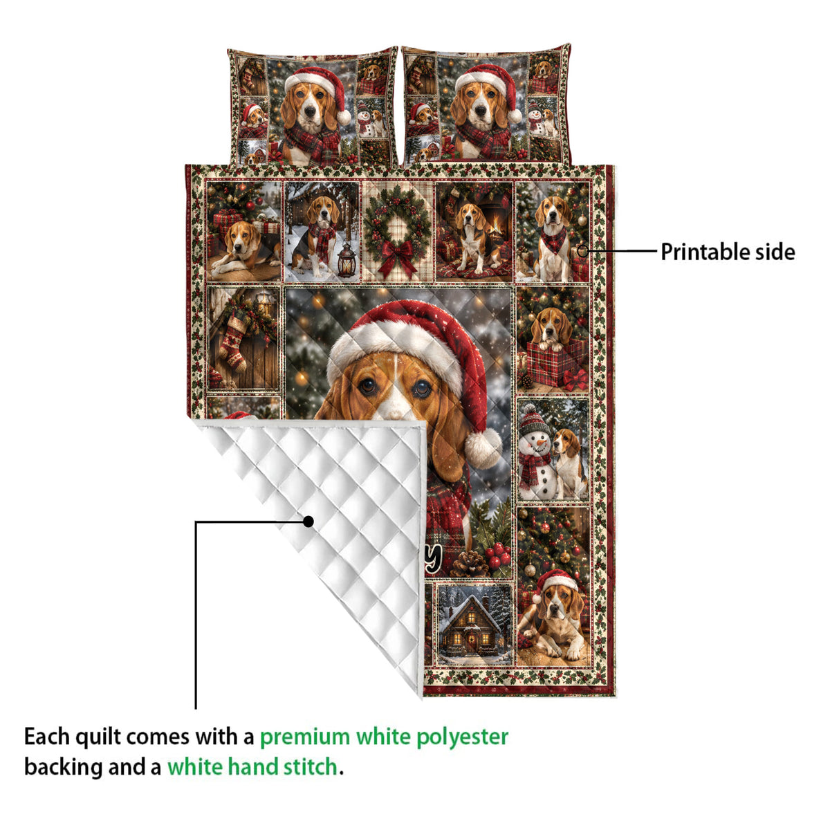 Beagle Christmas quilt showing the printed front and white quilted backing