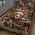 Close bedroom view of a Beagle Christmas quilt with holiday scenes and red plaid accents