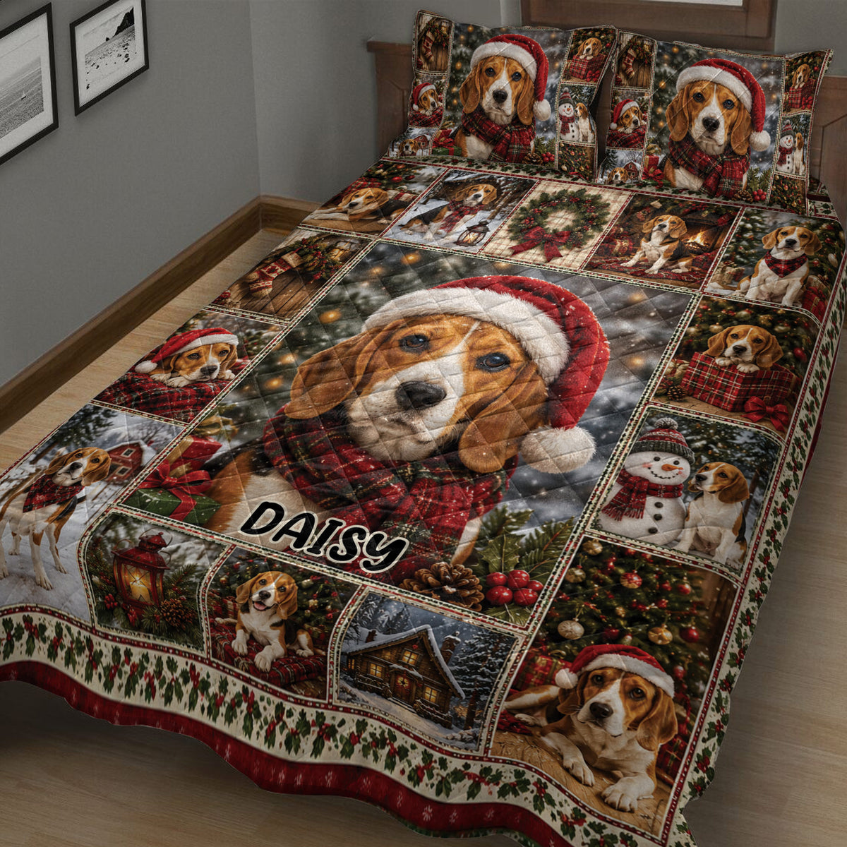 Close bedroom view of a Beagle Christmas quilt with holiday scenes and red plaid accents