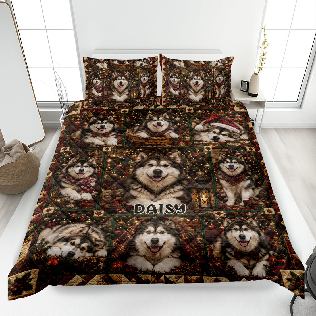 Alaskan Malamute Christmas quilt blanket displayed on a bed with matching dog artwork and holiday accents