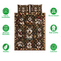 Alaskan Malamute Christmas quilt bedding set shown with soft, breathable and machine washable feature icons