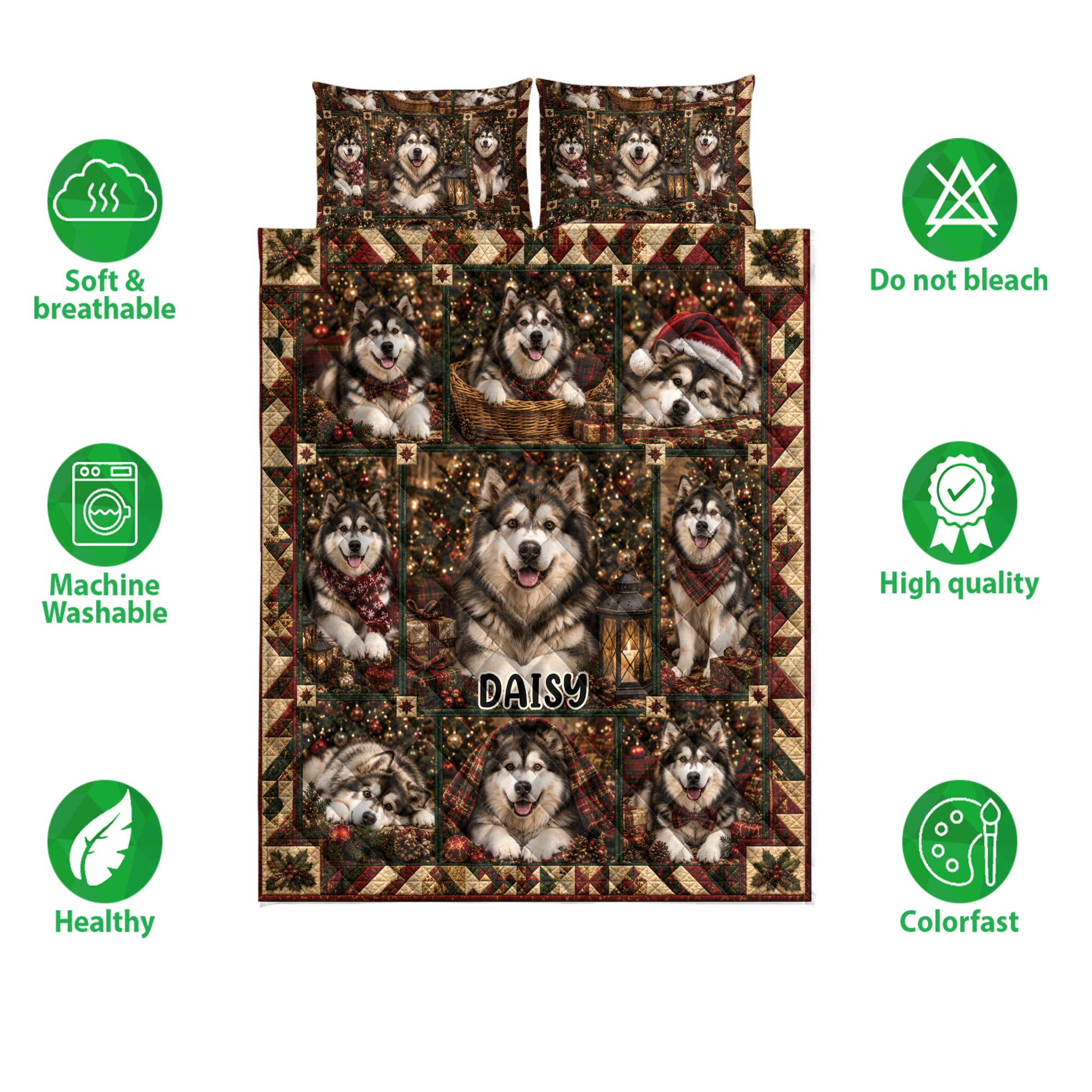 Alaskan Malamute Christmas quilt bedding set shown with soft, breathable and machine washable feature icons