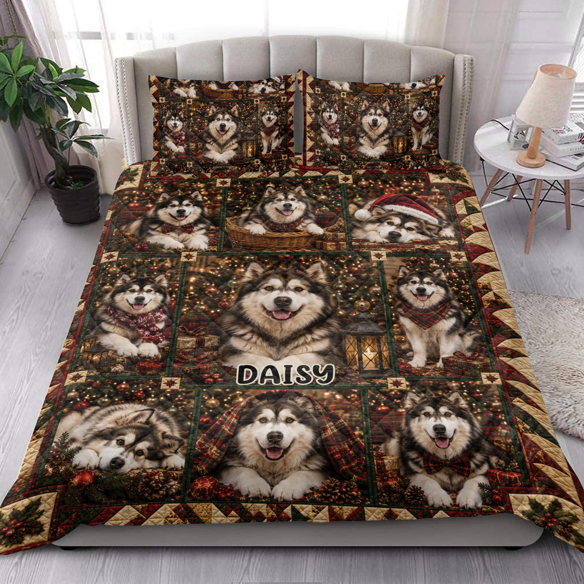 Alaskan Malamute Christmas quilt blanket styled on a bedroom bed with festive dog portraits