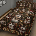Close bedroom view of an Alaskan Malamute Christmas quilt blanket with plaid, gifts and holiday lights