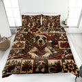 Great Dane Christmas quilt blanket displayed on a bed with festive patchwork, poinsettias, trees, and stockings