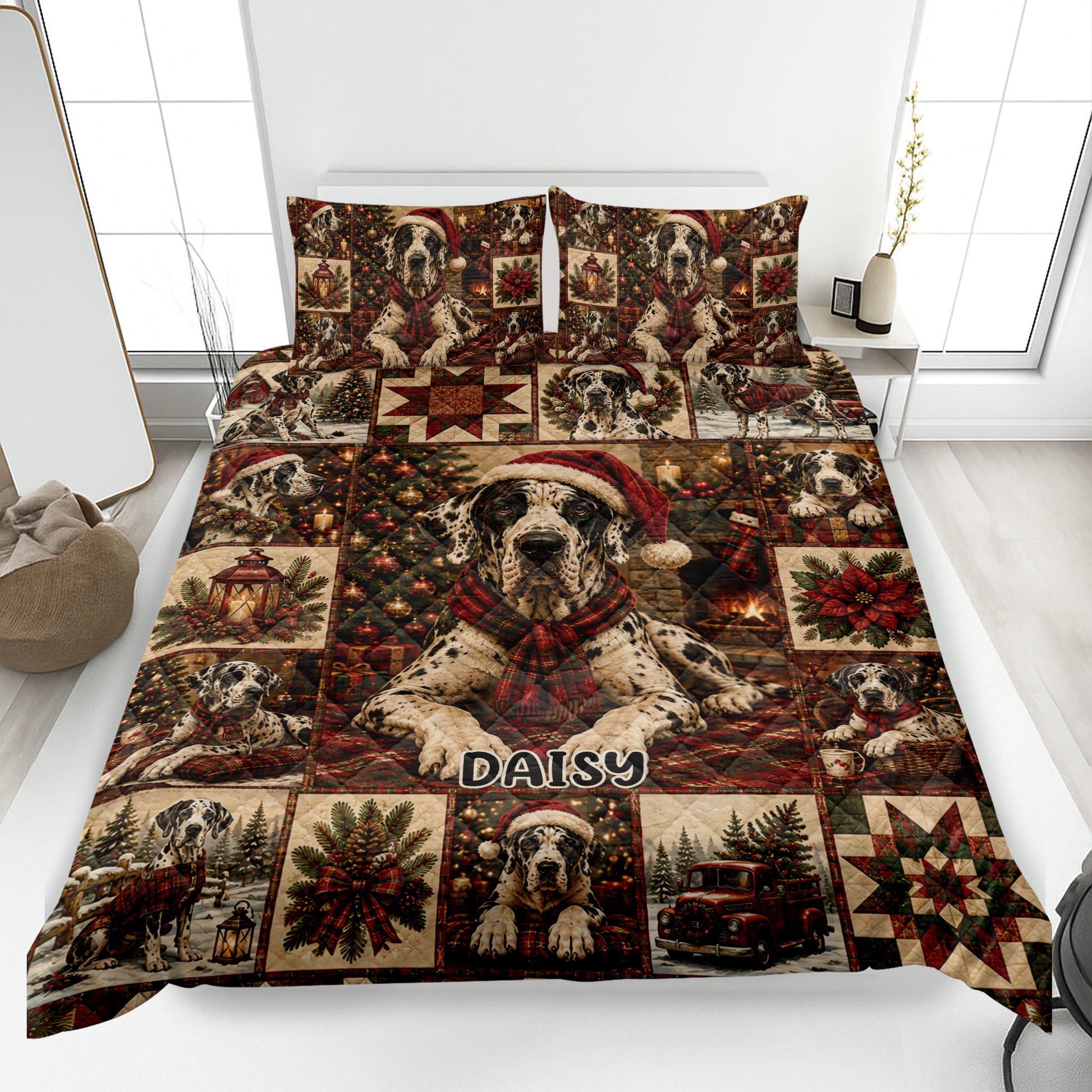 Great Dane Christmas quilt blanket displayed on a bed with festive patchwork, poinsettias, trees, and stockings