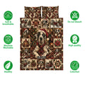 Great Dane Christmas quilt bedding set shown with soft breathable, washable, quality, and colorfast feature icons