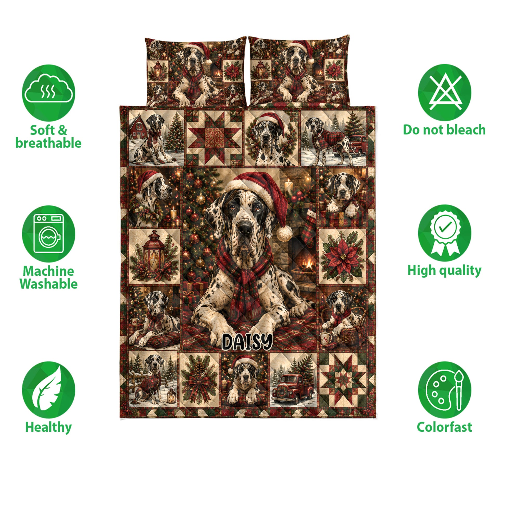 Great Dane Christmas quilt bedding set shown with soft breathable, washable, quality, and colorfast feature icons