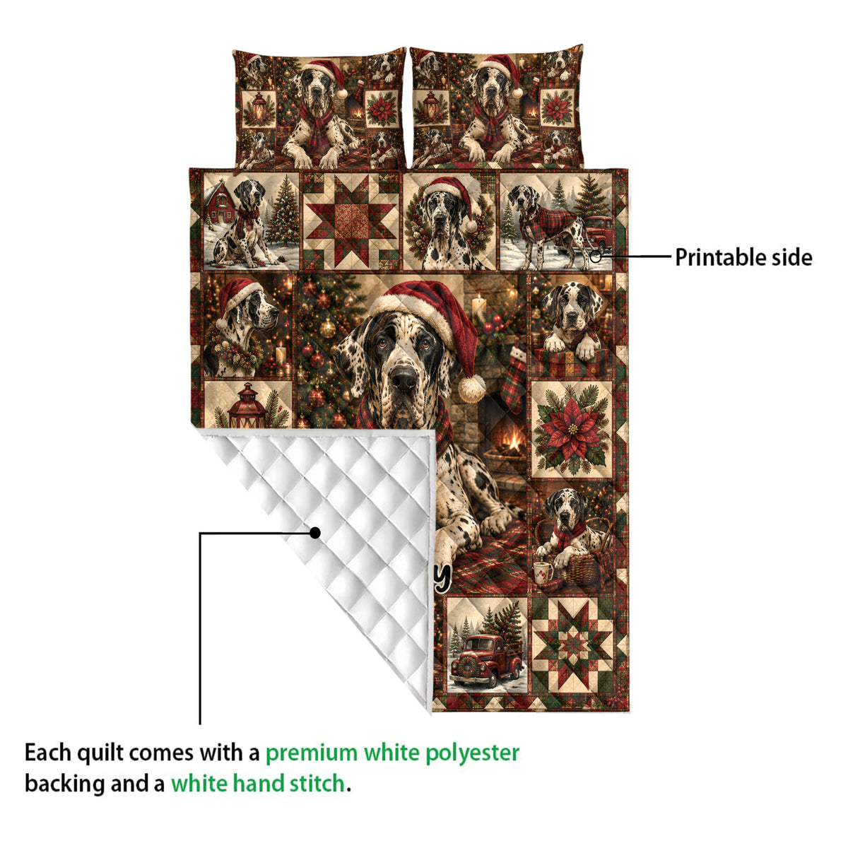 Great Dane quilt blanket showing the printed front, white quilted backing, and hand-stitched construction