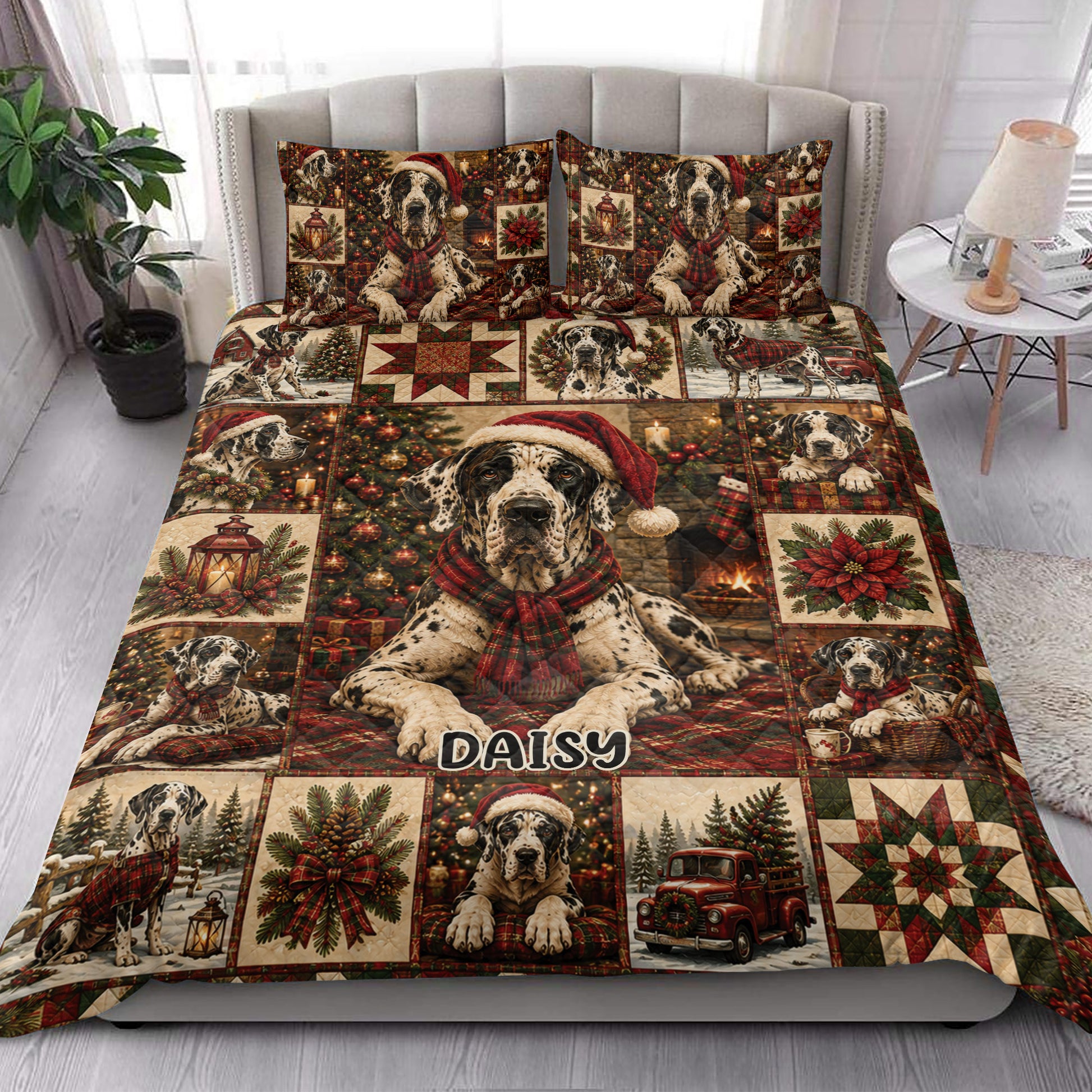 Great Dane Christmas quilt blanket styled in a bright bedroom with festive dog artwork and patchwork details