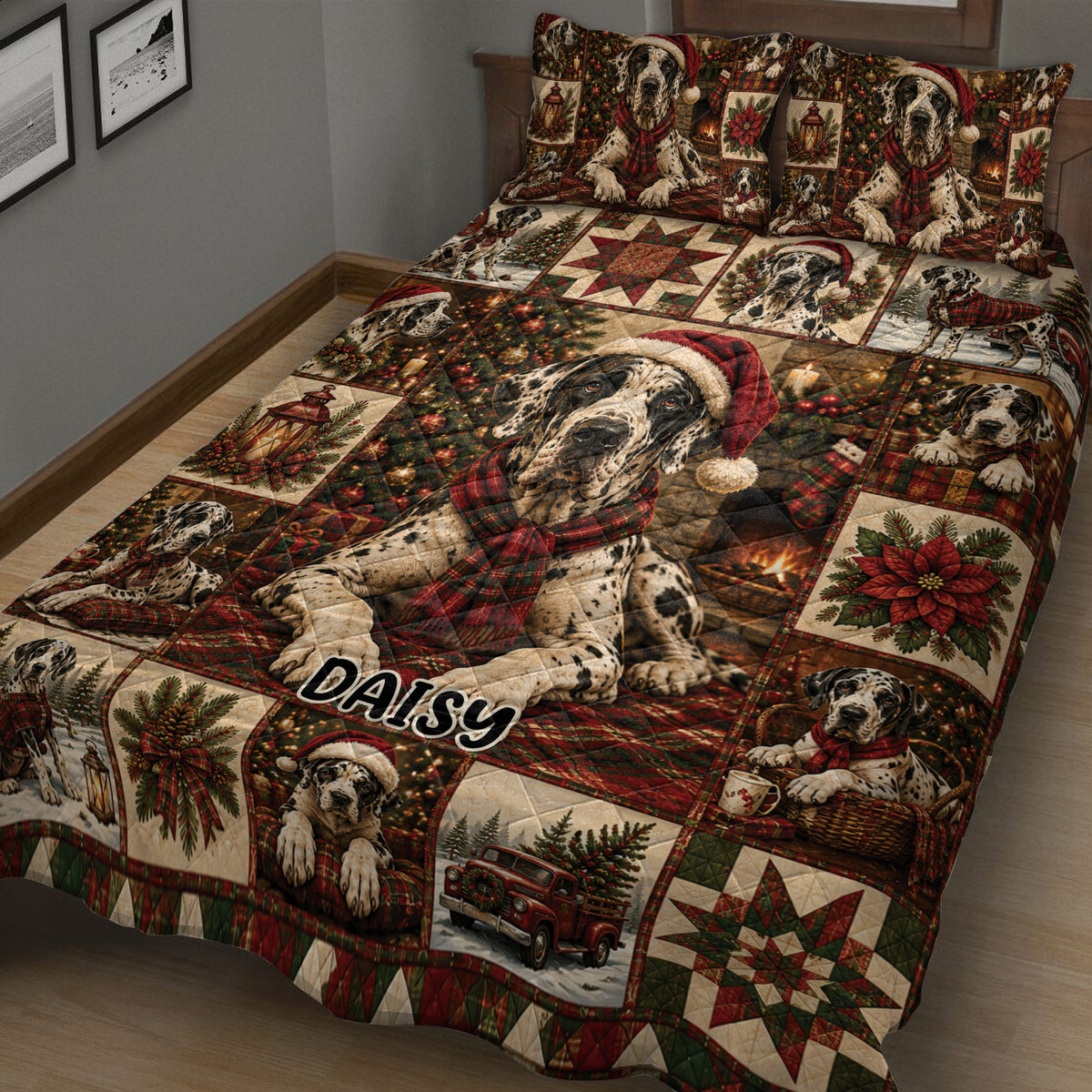 Close bedroom view of a Great Dane Christmas quilt blanket with plaid scarves, poinsettias, gifts, and holiday scenes