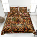 Bloodhound quilt blanket displayed on a bed with Christmas trees, gifts, plaid accents, and holiday decor