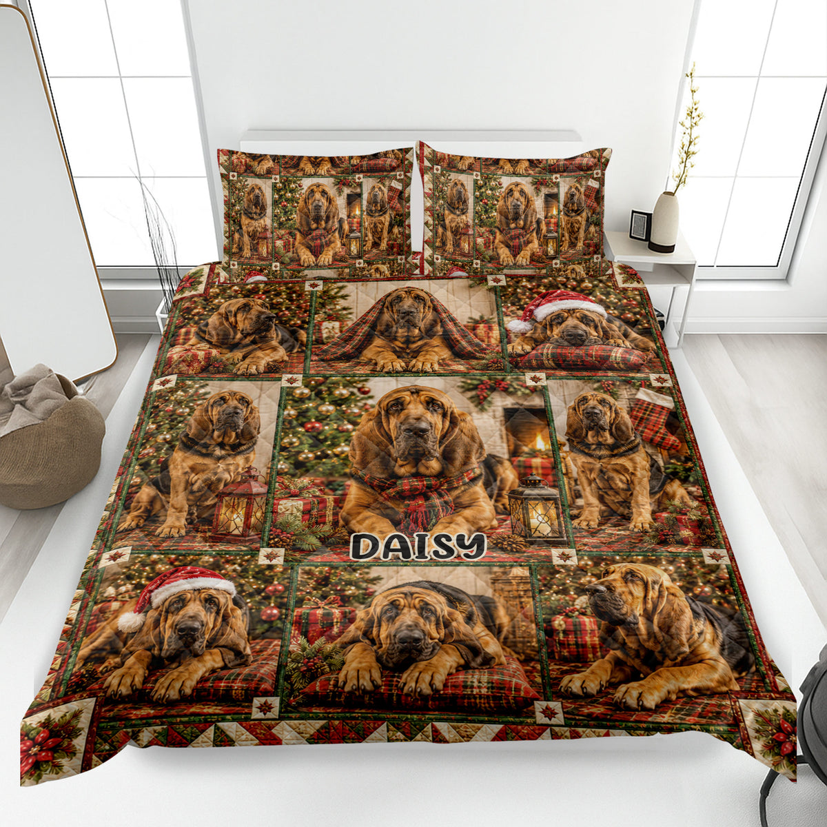 Bloodhound quilt blanket displayed on a bed with Christmas trees, gifts, plaid accents, and holiday decor