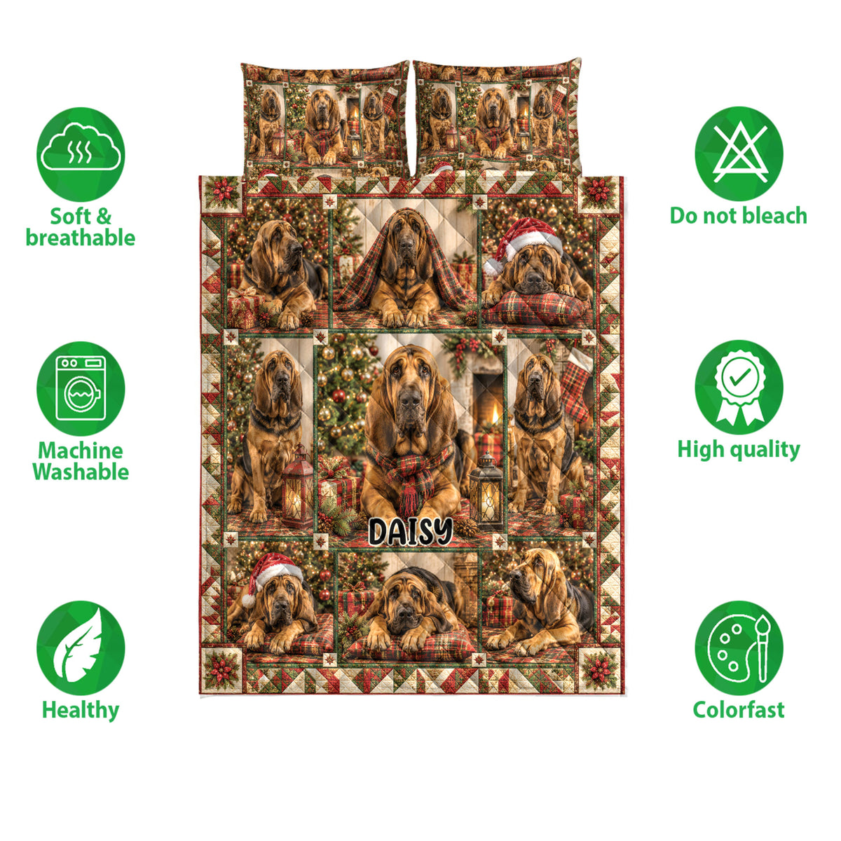 Bloodhound Christmas quilt blanket shown with care feature icons and a repeating holiday dog design
