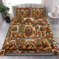 Bloodhound holiday quilt blanket styled on a bedroom bed with matching dog artwork and Christmas decor