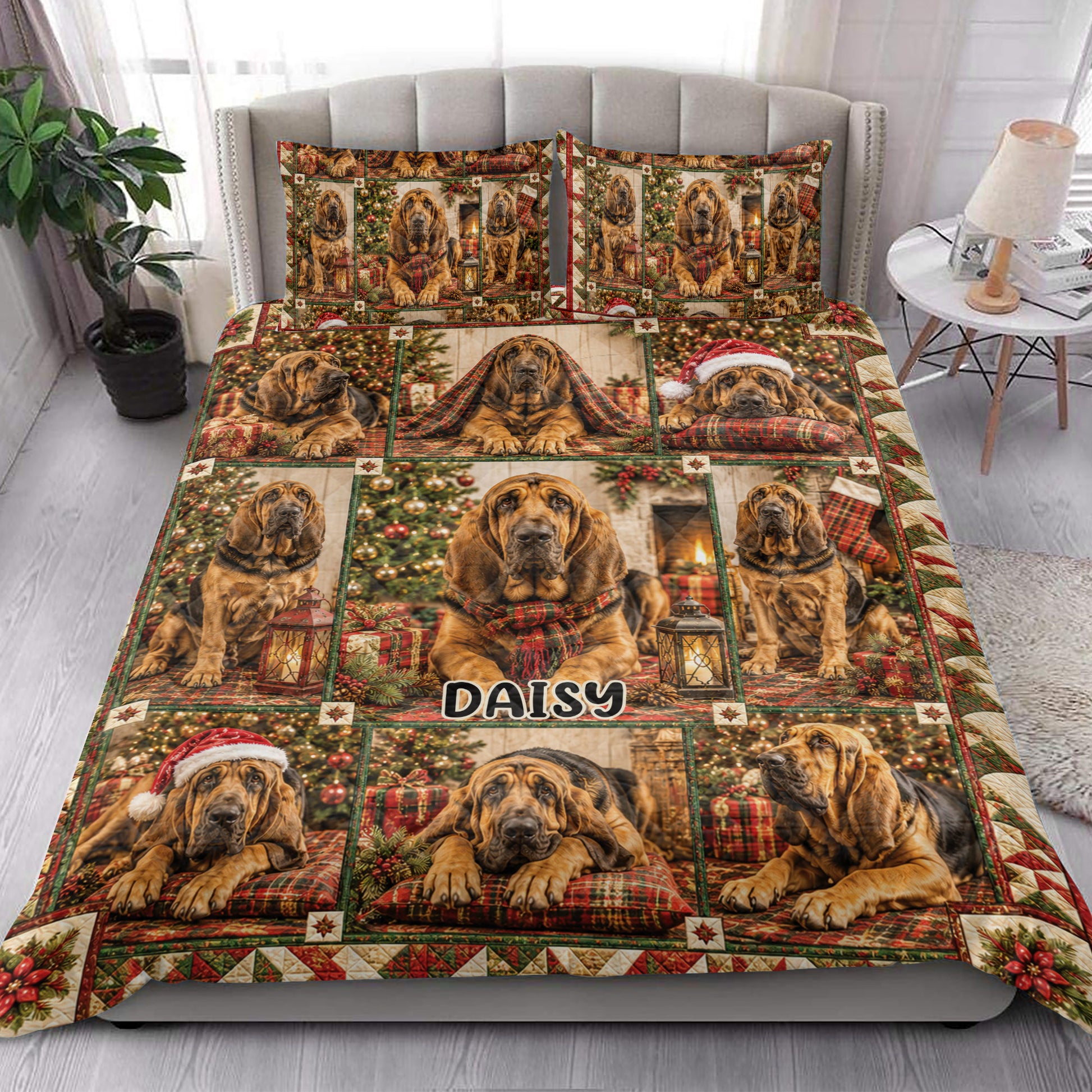 Bloodhound holiday quilt blanket styled on a bedroom bed with matching dog artwork and Christmas decor
