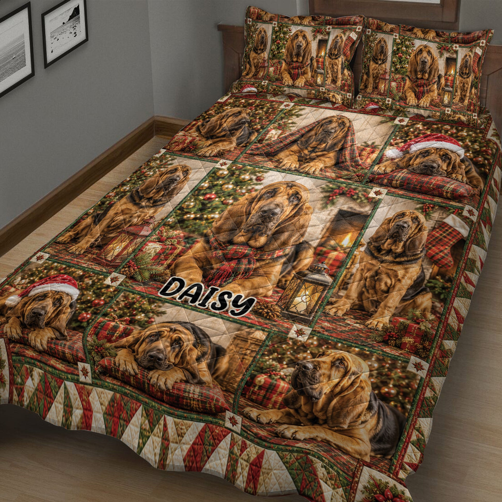 Close bedroom view of a Bloodhound Christmas quilt blanket with plaid, gifts, ornaments, and fireplace scenes