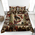 Rat Terrier quilt blanket displayed on a bed with Christmas scenes, scarves, wreaths, and festive red plaid accents