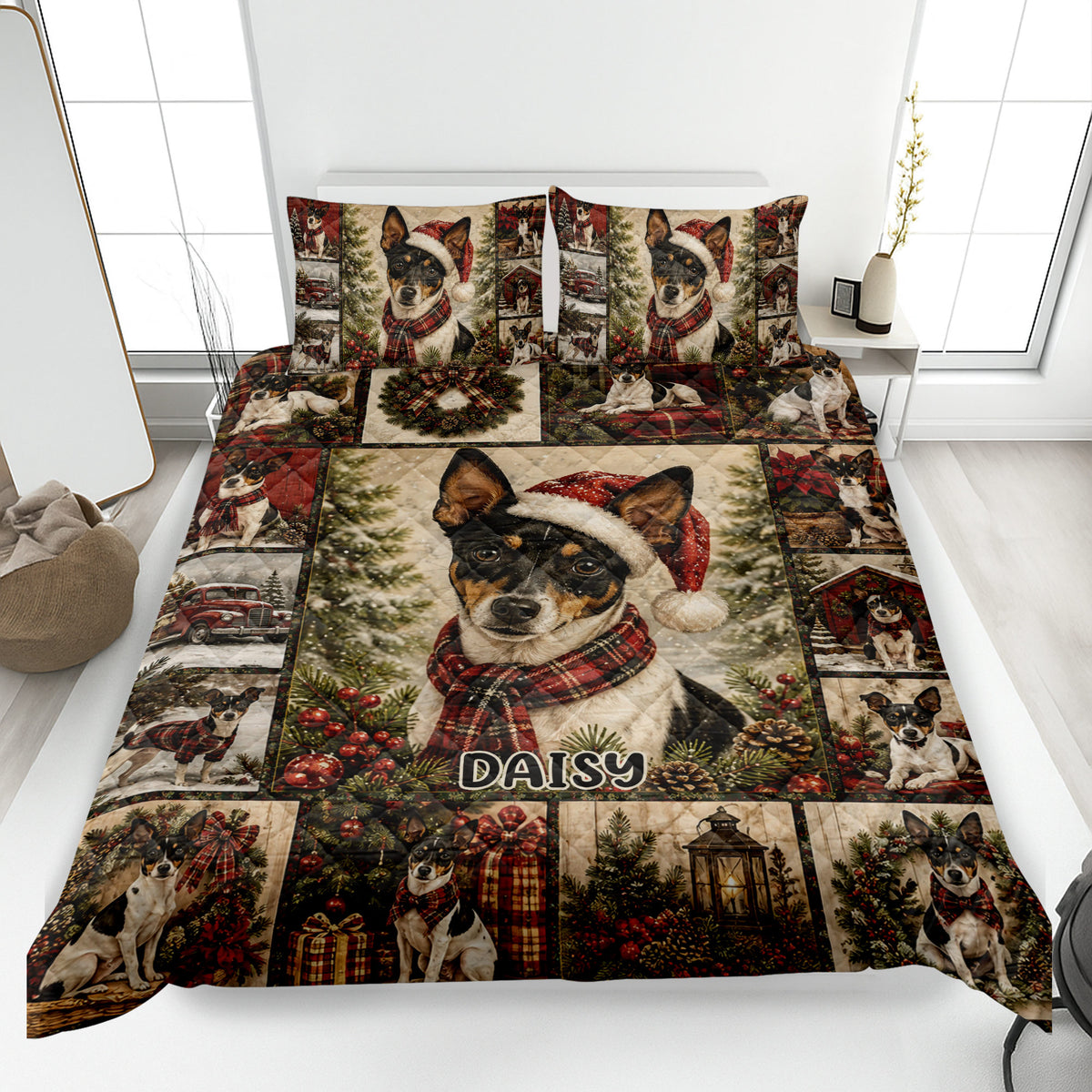 Rat Terrier quilt blanket displayed on a bed with Christmas scenes, scarves, wreaths, and festive red plaid accents