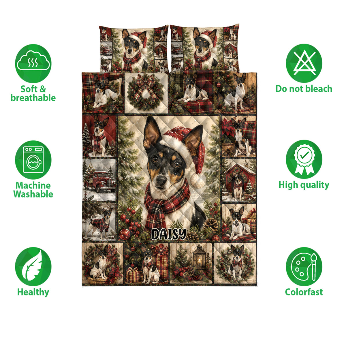 Rat Terrier Christmas quilt blanket shown with matching decorative panels and soft breathable care feature icons