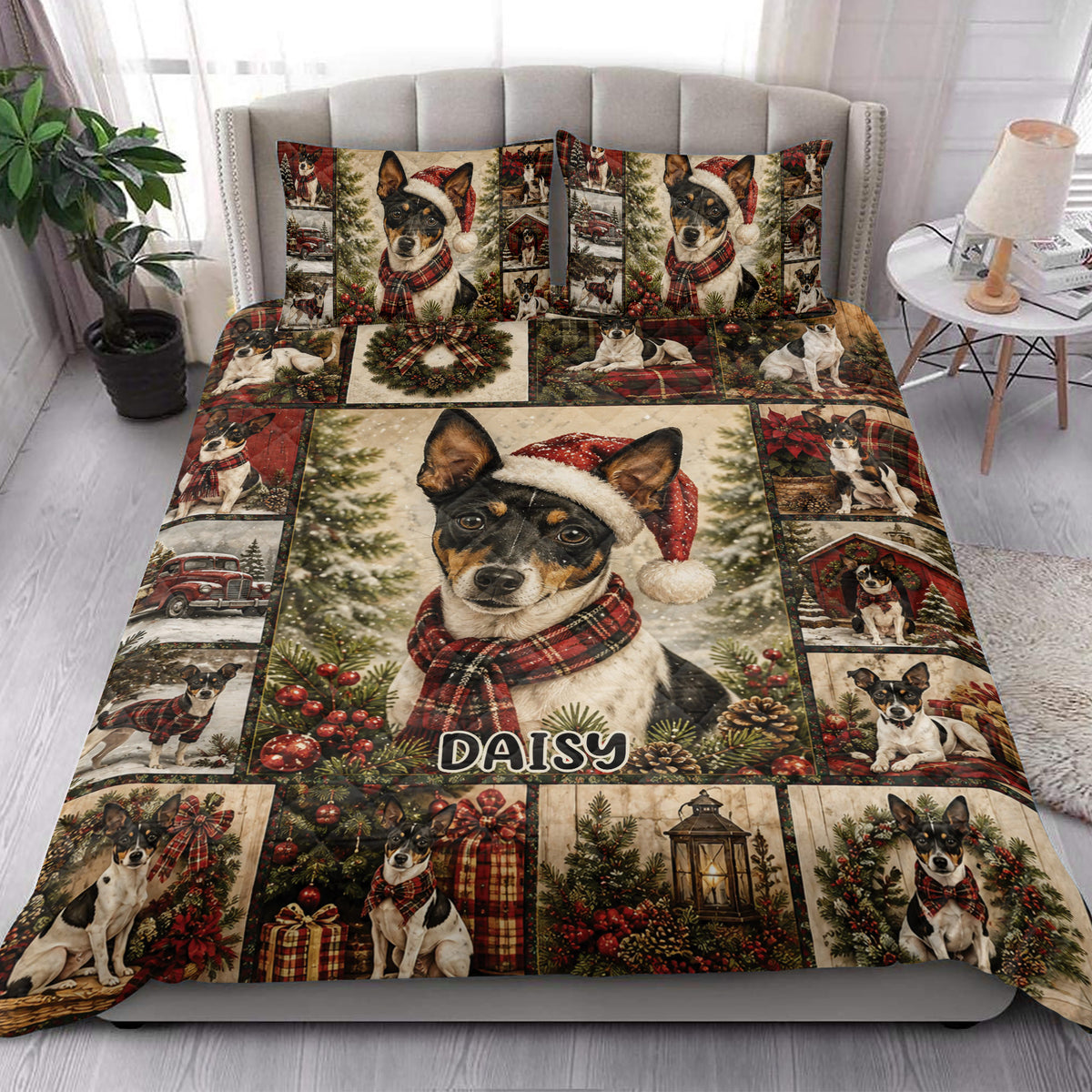 Rat Terrier Christmas quilt blanket styled in a bright bedroom with festive dog artwork and holiday greenery