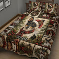 Close view of Rat Terrier Christmas bedding featuring plaid scarves, wreaths, gifts, and winter holiday scenes