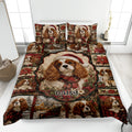 Cavalier King Charles quilt blanket displayed on a bed with Christmas dogs, poinsettias, plaid and snowy scenes