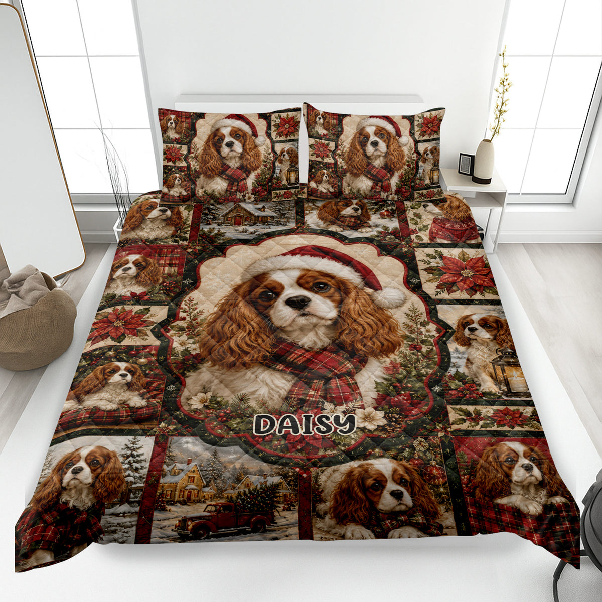 Cavalier King Charles quilt blanket displayed on a bed with Christmas dogs, poinsettias, plaid and snowy scenes