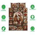 Cavalier King Charles Christmas quilt blanket with poinsettias, plaid scenes and product feature icons