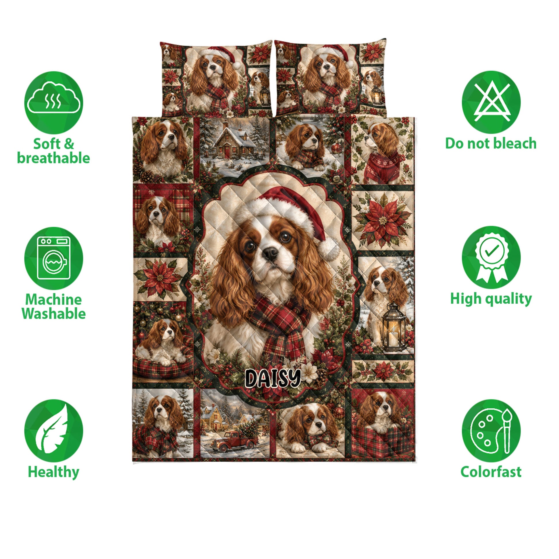 Cavalier King Charles Christmas quilt blanket with poinsettias, plaid scenes and product feature icons