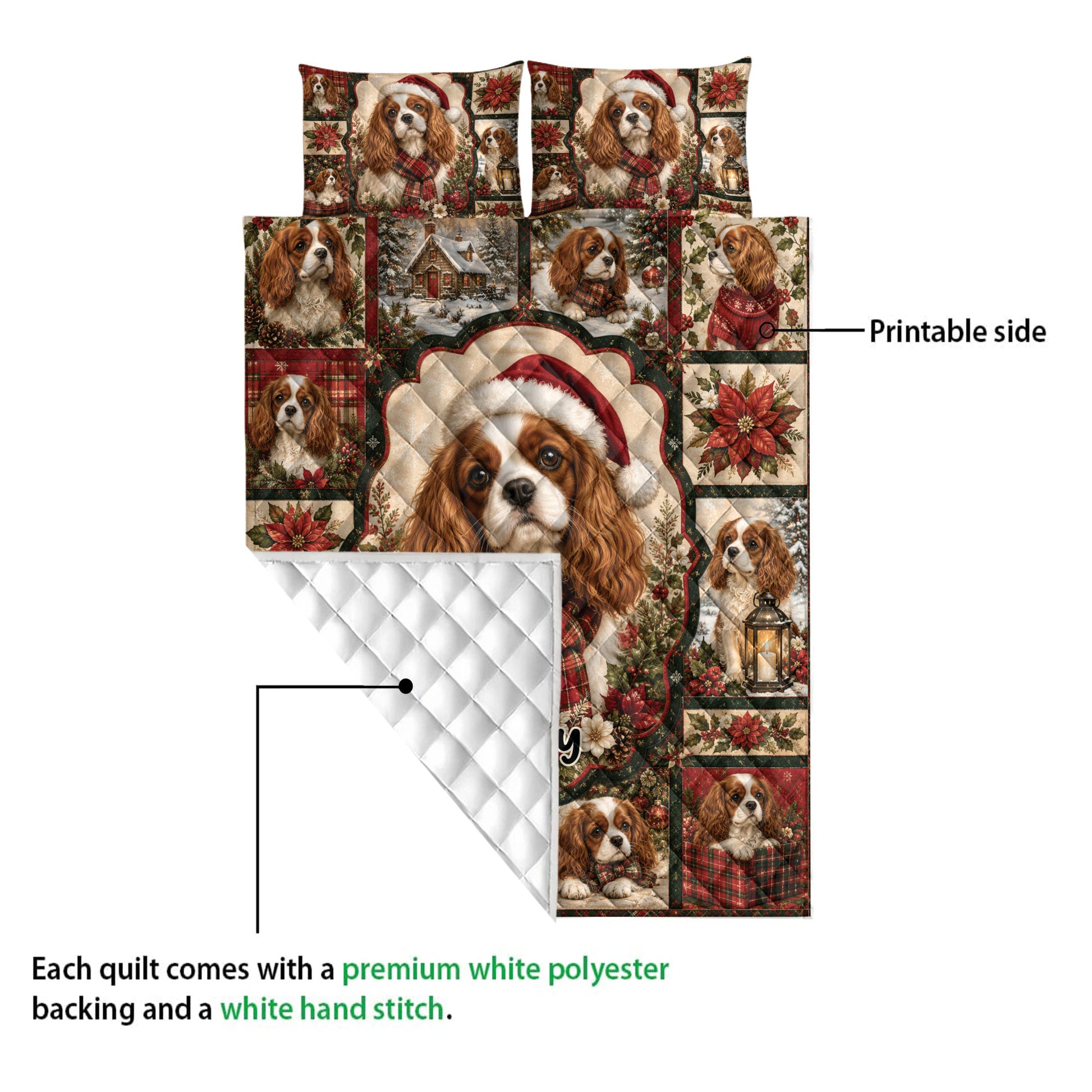 Cavalier King Charles quilt blanket detail showing the printed front and white quilted backing
