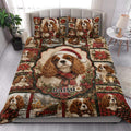 Cavalier King Charles Christmas quilt blanket styled in a bright bedroom with matching printed bed pillows