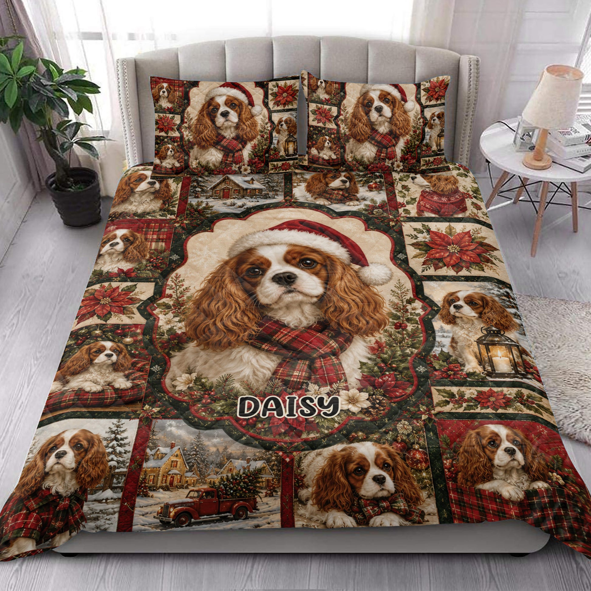 Cavalier King Charles Christmas quilt blanket styled in a bright bedroom with matching printed bed pillows