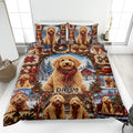 Goldendoodle Christmas quilt blanket displayed on a bed with snowy scenes, red scarves, wreaths, and holiday accents