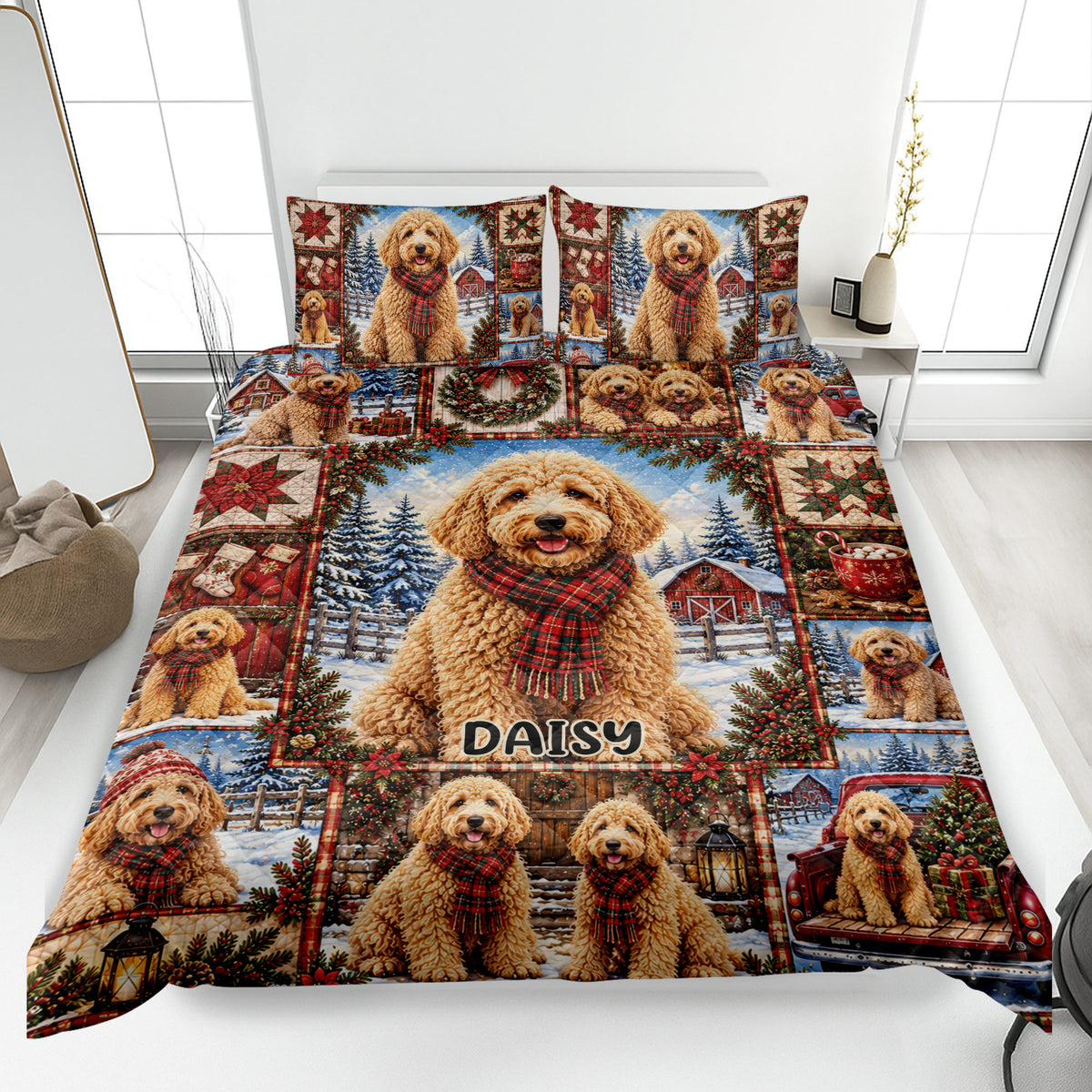 Goldendoodle Christmas quilt blanket displayed on a bed with snowy scenes, red scarves, wreaths, and holiday accents