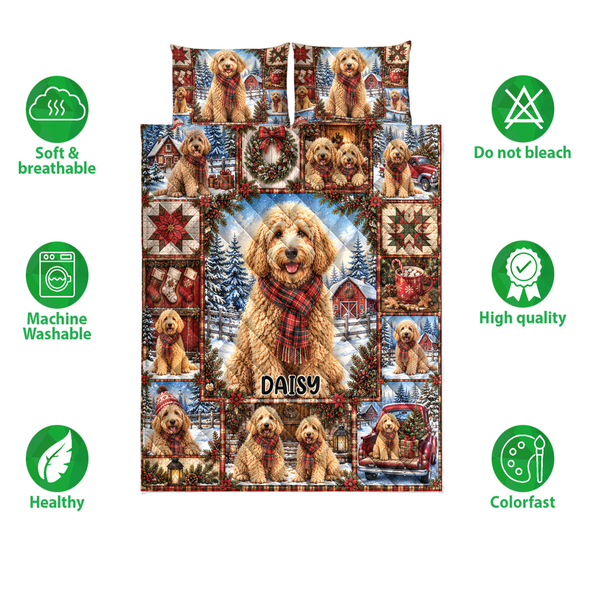 Goldendoodle Christmas quilt bedding set shown with holiday dog artwork and soft, breathable care feature icons