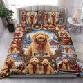 Goldendoodle Christmas quilt blanket styled across a bed in a bright bedroom with matching holiday artwork
