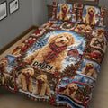 Close view of a Goldendoodle Christmas quilt blanket with snowy farm scenes, scarves, wreaths, and festive details