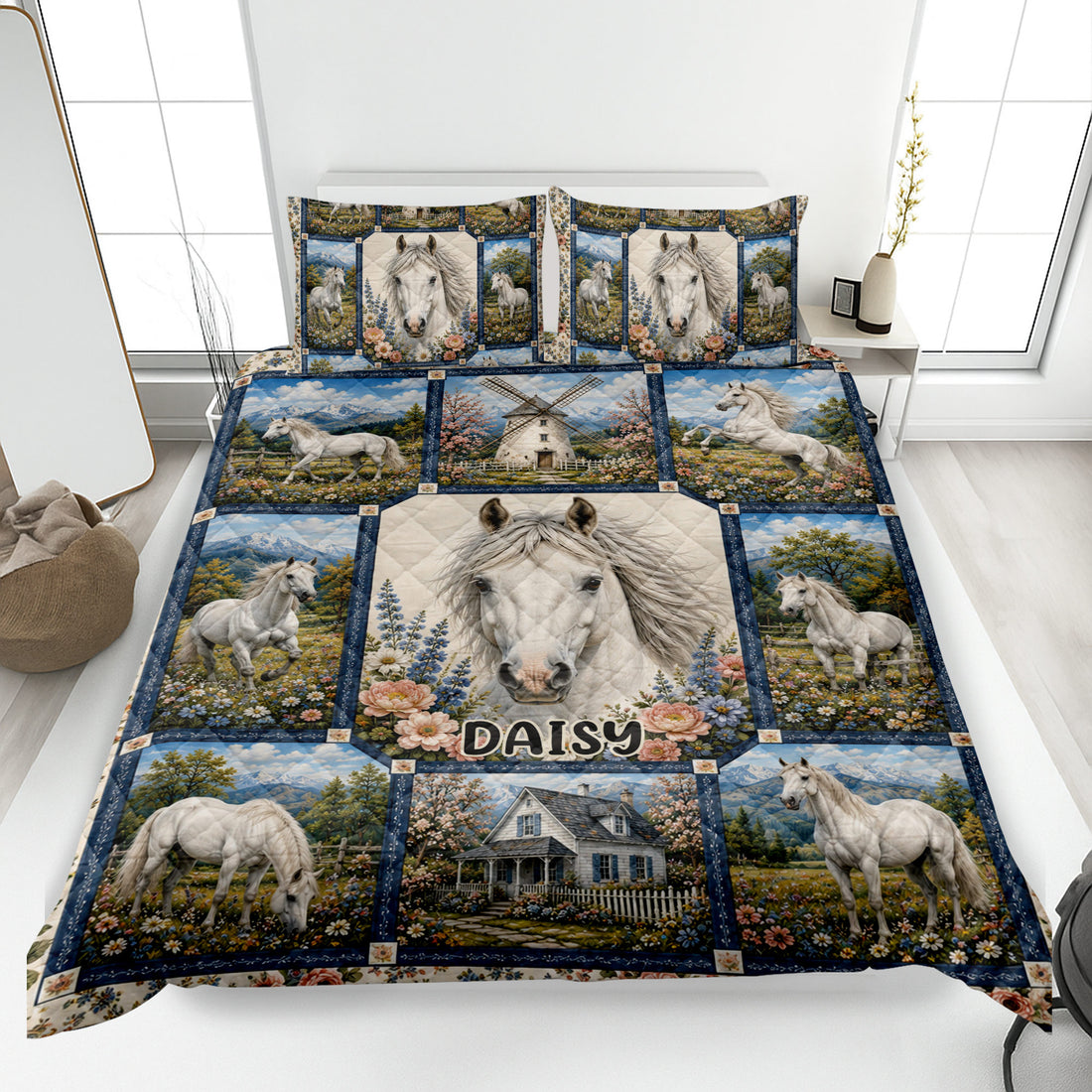 Horse quilt bedding set displayed on a bed with white horses, flowers, mountains, and pastoral scenery