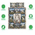 Horse quilt bedding set shown with white horse artwork, floral panels, and care feature icons