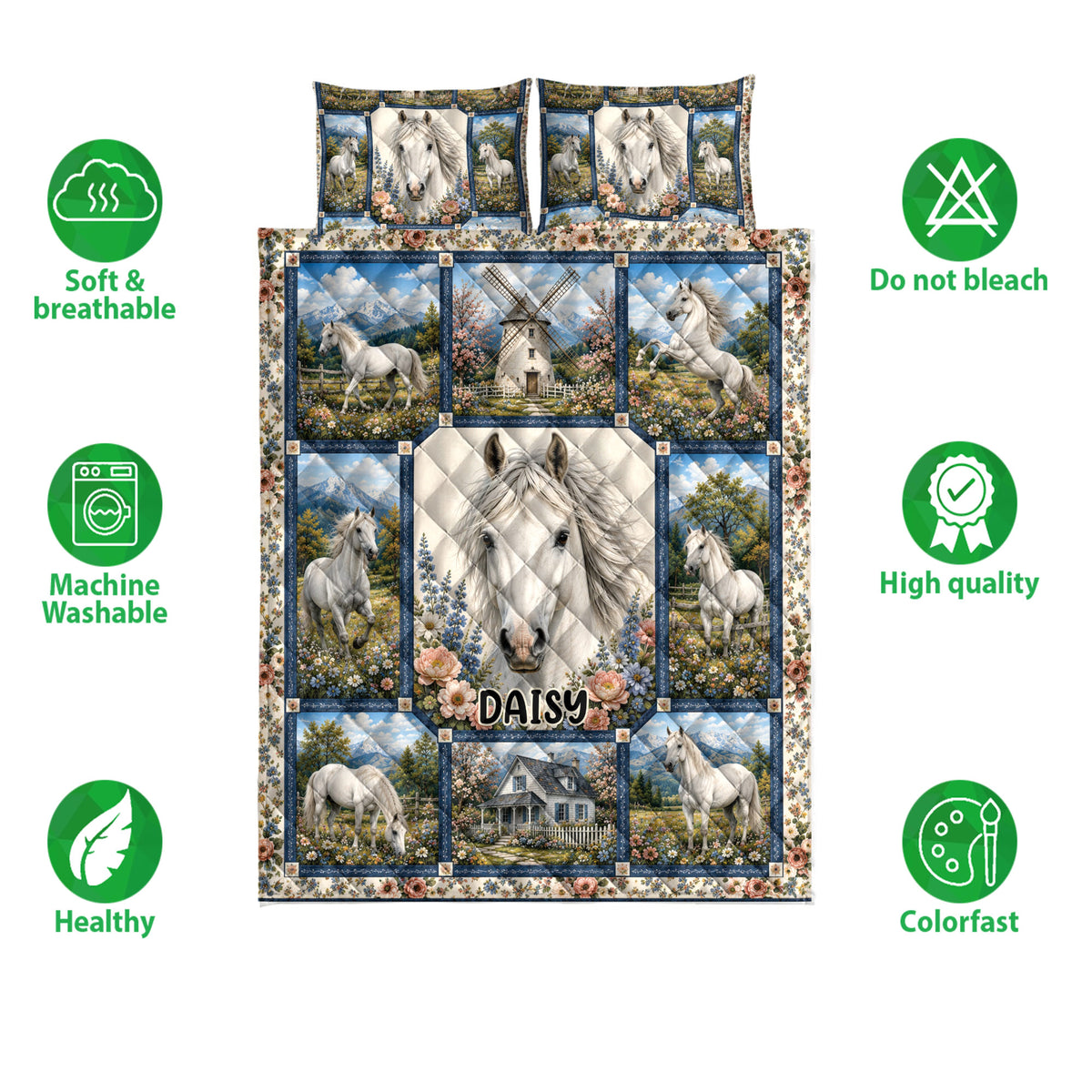 Horse quilt bedding set shown with white horse artwork, floral panels, and care feature icons