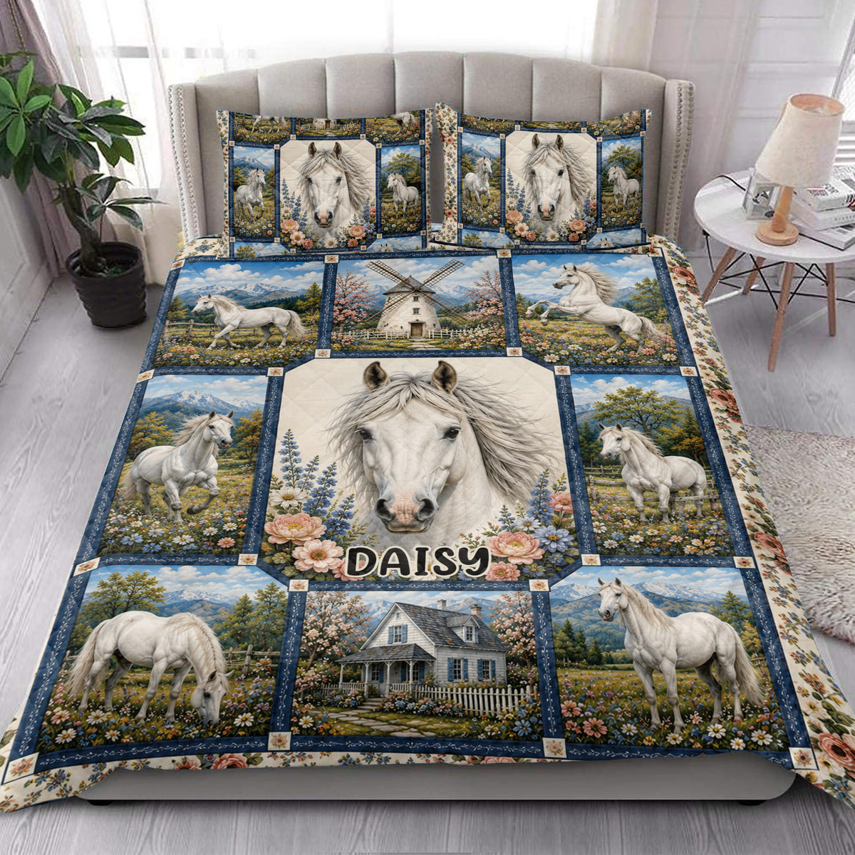 Horse quilt blanket styled in a bright bedroom with white horses, flowers, mountains, and a farmhouse scene