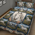 Horse quilt bedding set presented in a cozy bedroom with equestrian artwork and floral countryside panels