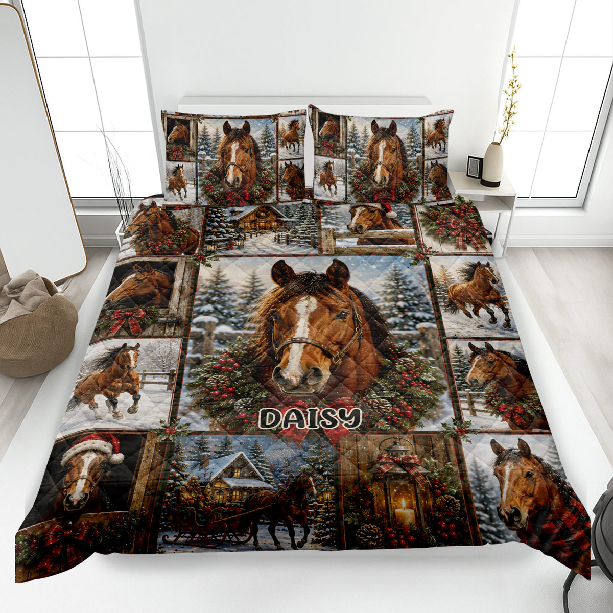 Horse quilt bedding set displayed on a bed with snowy winter scenes, wreaths, cabins, and holiday decor
